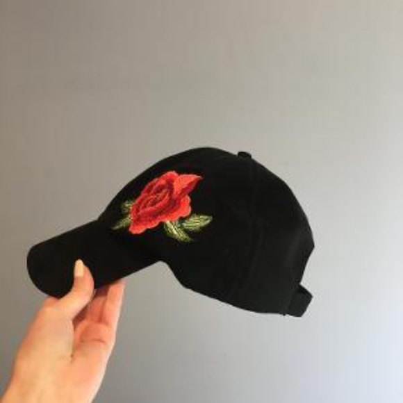 Black Baseball Hat with a Rose - Picture 1 of 3